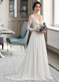 Addisyn A-Line V-neck Sweep Train Chiffon Lace Wedding Dress With Beading Sequins UKP0017035