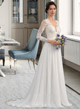 Addisyn A-Line V-neck Sweep Train Chiffon Lace Wedding Dress With Beading Sequins UKP0017035