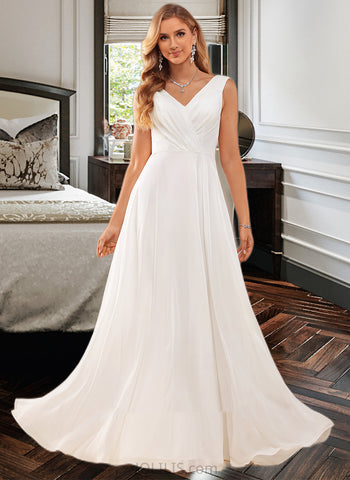 Ana A-Line V-neck Floor-Length Chiffon Wedding Dress With Lace UKP0017036