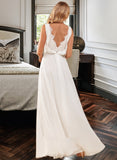 Ana A-Line V-neck Floor-Length Chiffon Wedding Dress With Lace UKP0017036