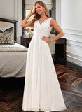 Ana A-Line V-neck Floor-Length Chiffon Wedding Dress With Lace UKP0017036