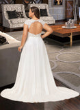 Ashtyn A-Line V-neck Sweep Train Chiffon Lace Wedding Dress With Split Front UKP0017037