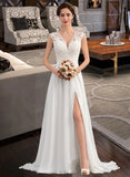 Ashtyn A-Line V-neck Sweep Train Chiffon Lace Wedding Dress With Split Front UKP0017037