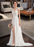 Ashtyn A-Line V-neck Sweep Train Chiffon Lace Wedding Dress With Split Front UKP0017037