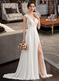 Ashtyn A-Line V-neck Sweep Train Chiffon Lace Wedding Dress With Split Front UKP0017037