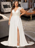 Ashtyn A-Line V-neck Sweep Train Chiffon Lace Wedding Dress With Split Front UKP0017037