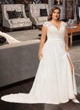 Ashtyn A-Line V-neck Sweep Train Chiffon Lace Wedding Dress With Split Front UKP0017037