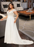 Ashtyn A-Line V-neck Sweep Train Chiffon Lace Wedding Dress With Split Front UKP0017037