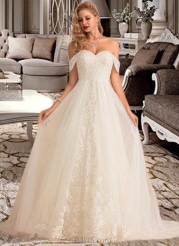 Kaya Ball-Gown/Princess Off-the-Shoulder Court Train Tulle Lace Wedding Dress With Sequins UKP0017038