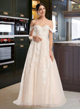 Ariana Ball-Gown/Princess Off-the-Shoulder Chapel Train Tulle Lace Wedding Dress UKP0017039