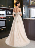 Ariana Ball-Gown/Princess Off-the-Shoulder Chapel Train Tulle Lace Wedding Dress UKP0017039