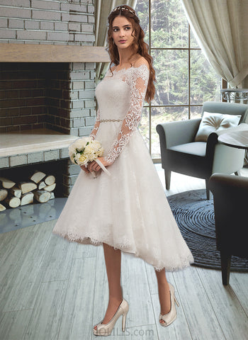 Kenley A-Line Off-the-Shoulder Asymmetrical Lace Wedding Dress With Beading UKP0017040