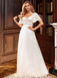 Reina A-Line V-neck Floor-Length Tulle Lace Wedding Dress With Lace Beading Sequins UKP0017041