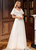 Reina A-Line V-neck Floor-Length Tulle Lace Wedding Dress With Lace Beading Sequins UKP0017041