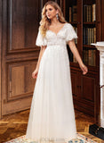 Reina A-Line V-neck Floor-Length Tulle Lace Wedding Dress With Lace Beading Sequins UKP0017041