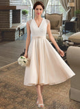 Pauline A-Line V-neck Tea-Length Satin Lace Wedding Dress With Beading Sequins UKP0017042