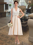 Pauline A-Line V-neck Tea-Length Satin Lace Wedding Dress With Beading Sequins UKP0017042