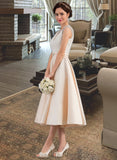 Pauline A-Line V-neck Tea-Length Satin Lace Wedding Dress With Beading Sequins UKP0017042