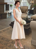 Pauline A-Line V-neck Tea-Length Satin Lace Wedding Dress With Beading Sequins UKP0017042