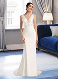 Valerie Sheath/Column V-neck Court Train Stretch Crepe Wedding Dress With Sequins UKP0017047