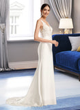 Valerie Sheath/Column V-neck Court Train Stretch Crepe Wedding Dress With Sequins UKP0017047