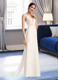 Valerie Sheath/Column V-neck Court Train Stretch Crepe Wedding Dress With Sequins UKP0017047