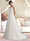 Kiersten A-Line V-neck Sweep Train Organza Lace Wedding Dress With Beading Bow(s) UKP0017048