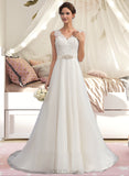 Kiersten A-Line V-neck Sweep Train Organza Lace Wedding Dress With Beading Bow(s) UKP0017048