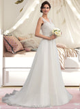 Kiersten A-Line V-neck Sweep Train Organza Lace Wedding Dress With Beading Bow(s) UKP0017048