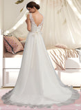 Kiersten A-Line V-neck Sweep Train Organza Lace Wedding Dress With Beading Bow(s) UKP0017048