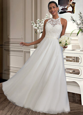 Kaylin A-Line Scoop Neck Floor-Length Tulle Charmeuse Lace Wedding Dress UKP0017050