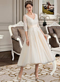 Ellen Ball-Gown/Princess V-neck Tea-Length Tulle Lace Wedding Dress UKP0017051