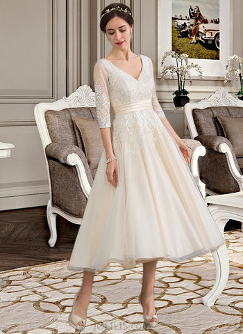 Ellen Ball-Gown/Princess V-neck Tea-Length Tulle Lace Wedding Dress UKP0017051