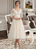 Ellen Ball-Gown/Princess V-neck Tea-Length Tulle Lace Wedding Dress UKP0017051