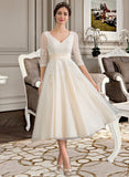 Ellen Ball-Gown/Princess V-neck Tea-Length Tulle Lace Wedding Dress UKP0017051