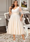 Ellen Ball-Gown/Princess V-neck Tea-Length Tulle Lace Wedding Dress UKP0017051