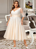 Ellen Ball-Gown/Princess V-neck Tea-Length Tulle Lace Wedding Dress UKP0017051