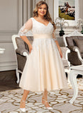 Ellen Ball-Gown/Princess V-neck Tea-Length Tulle Lace Wedding Dress UKP0017051