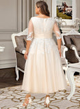 Ellen Ball-Gown/Princess V-neck Tea-Length Tulle Lace Wedding Dress UKP0017051