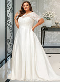 Ruby Ball-Gown/Princess Court Train Satin Lace Wedding Dress With Beading Sequins Pockets UKP0017052