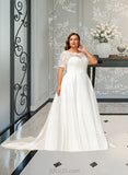 Ruby Ball-Gown/Princess Court Train Satin Lace Wedding Dress With Beading Sequins Pockets UKP0017052