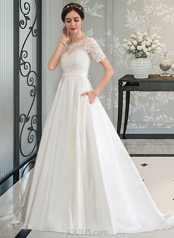 Ruby Ball-Gown/Princess Court Train Satin Lace Wedding Dress With Beading Sequins Pockets UKP0017052