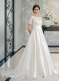 Ruby Ball-Gown/Princess Court Train Satin Lace Wedding Dress With Beading Sequins Pockets UKP0017052