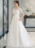 Ruby Ball-Gown/Princess Court Train Satin Lace Wedding Dress With Beading Sequins Pockets UKP0017052