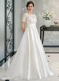 Ruby Ball-Gown/Princess Court Train Satin Lace Wedding Dress With Beading Sequins Pockets UKP0017052