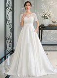 Ruby Ball-Gown/Princess Court Train Satin Lace Wedding Dress With Beading Sequins Pockets UKP0017052