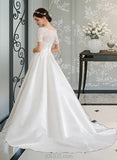 Ruby Ball-Gown/Princess Court Train Satin Lace Wedding Dress With Beading Sequins Pockets UKP0017052