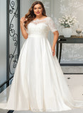 Ruby Ball-Gown/Princess Court Train Satin Lace Wedding Dress With Beading Sequins Pockets UKP0017052