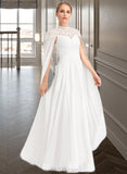 Henrietta A-Line High Neck Floor-Length Chiffon Lace Wedding Dress UKP0017053