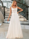 Ann A-Line Square Neckline Floor-Length Chiffon Lace Wedding Dress With Lace Sequins UKP0017055